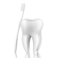 Vector 3d Realistic Toothbrush and Tooth Closeup Isolated on White Background. Medical Dentist Illustration. Design Template, Clipart, Mockup. Dental Health Concept
