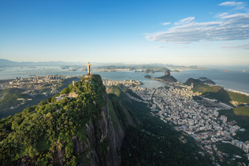 Aerial view of Rio skyline with Corcovado Mountain, Sugarloaf Mountain and Guanabara Bay - Rio de...