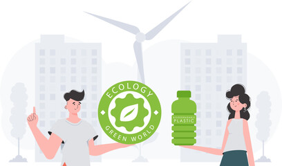 Ecology friendly and green world concept. EKO is a team of people who care about the environment. Trend style.Vector illustration. - obrazy, fototapety, plakaty