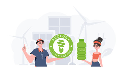 Ecology friendly and green world concept. EKO is a team of people who care about the environment. Fashion trend illustration in Vector. - obrazy, fototapety, plakaty