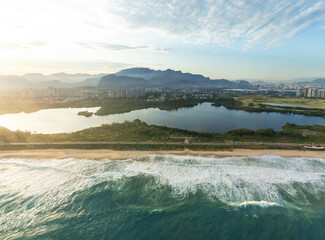 Aerial view of Reserva Beach, Marapendi Lagoon and Reserve at Barra da Tijuca - Rio de Janeiro,...