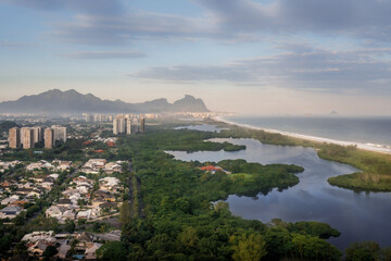 Aerial view of Marapendi Lagoon and Reserve at Barra da Tijuca at sunset - Rio de Janeiro, Brazil