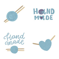 Knitwear heart, tangle, knitting needles. Knitted hand made crochet hobbies. Hand drawn vector illustration.
