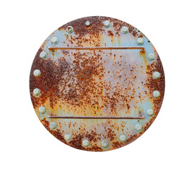 round steel metal cover that rusts and corrodes. Rust stains. The metal surface rusted spots. Rystycorrosion. Rust on old iron white.  on white with clipping path.                       