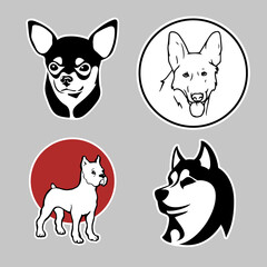 Various bright stickers with dogs. Different cute dogs as stickers for web design. Lovely puppies as sticker pack for design websites, logo, icons, signs, applications or social network communication.