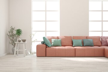 White living room with sofa. Scandinavian interior design. 3D illustration