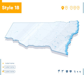 New South Wales, Australia - 3d map on white background with water and roads. Vector map with shadow.