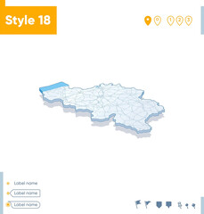 Belgium - 3d map on white background with water and roads. Vector map with shadow.