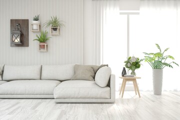 White living room with sofa. Scandinavian interior design. 3D illustration