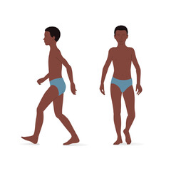 Young boy, full body of a boy, front and side view. Isometric vector illustration of a standing person and a walking person.