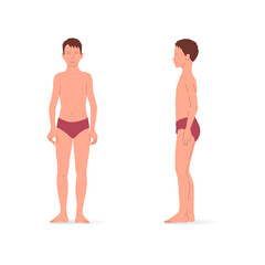 Young boy, full body of a boy, front and side view. Isometric vector illustration of a standing person and a walking person.