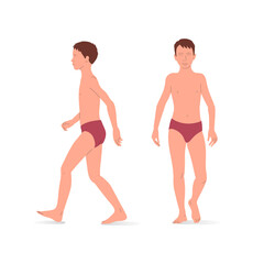 Young boy, full body of a boy, front and side view. Isometric vector illustration of a standing person and a walking person.