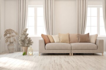 White living room with sofa. Scandinavian interior design. 3D illustration