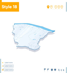 Ceara, Brazil - 3d map on white background with water and roads. Vector map with shadow.