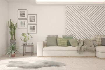 White living room with sofa. Scandinavian interior design. 3D illustration