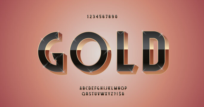 Vector Gold Font 3D Bold Style Modern Typography. Alphabet For Shopping, Invitation, Premium Card, Motion, Logo, Poster, Video, T Shirt, Book, Animation, Banner, Game, Movie, Printing. 10 Eps