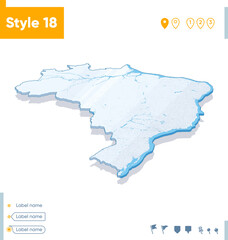 Brazil - 3d map on white background with water and roads. Vector map with shadow.