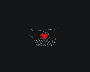 Red Heart and hand. Care concept. Happy friendship day. Valentine day concept. Isolated on black background. vector illustrations.