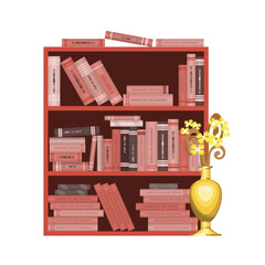 A monochrome image of a library cabinet with books and a large vase of flowers in front. Vector illustration
