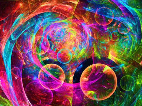 Composici&oacute;n de arte fractal digital consistente en trazos espirales y esferas coloridas aglomeradas en un conjunto que muestra un agujero negro enguyendo asteroides luminosos.