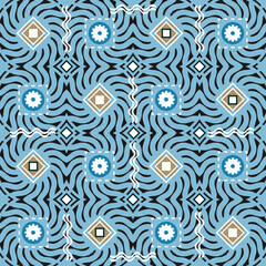 Seamless pattern with abstract ornament in ethnic style. Blue-beige color scheme. Black background. Vector illustration