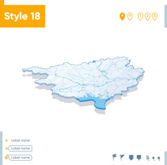 Guangxi, China - 3d map on white background with water and roads. Vector map with shadow.