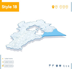 Hebei, China - 3d map on white background with water and roads. Vector map with shadow.
