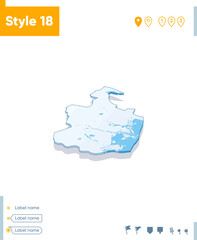 Tianjin, China - 3d map on white background with water and roads. Vector map with shadow.