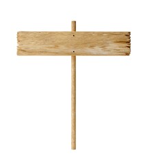 Empty, blank wooden sign on wood post with room for text, wooden sign template isolated on white background