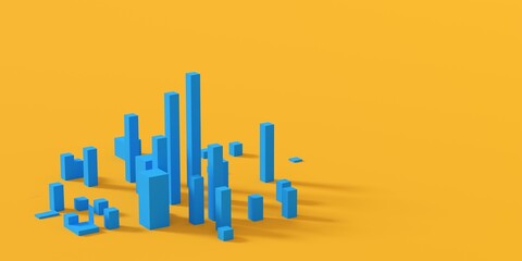 Abstract blue city buildings shapes or cityscape over orange background with copy space