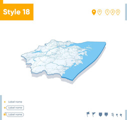 Obraz premium Zhejiang, China - 3d map on white background with water and roads. Vector map with shadow.