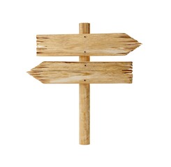 Two empty, blank wooden arrow dircetion signs on wood post with room for text, wooden board sign template isolated on white background