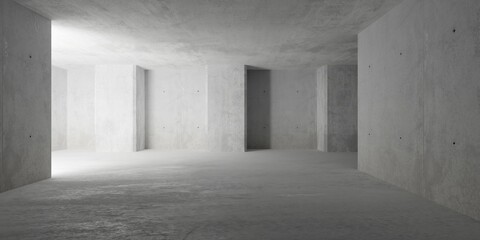 Abstract large, empty, modern concrete room, indirect light from behind wall, pillars on the back wall and rough floor - industrial interior background template