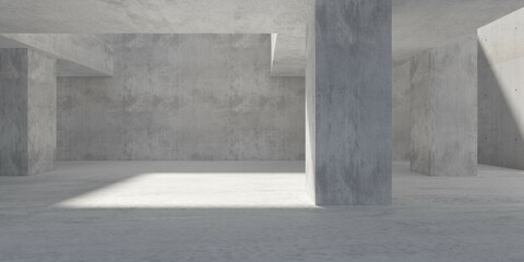 Abstract large, empty, modern concrete room, sunlight shadow, pillar in the center and rough floor - industrial interior background template