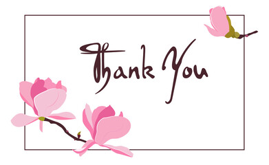 Set of blooming Japanese magnolia branches. Beautiful frame for thanking text, wedding inviting, web banner. Editable vector illustration