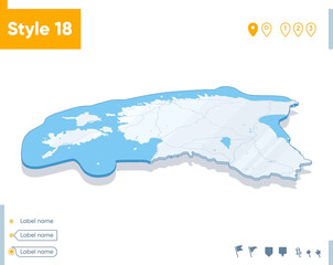Estonia - 3d map on white background with water and roads. Vector map with shadow.