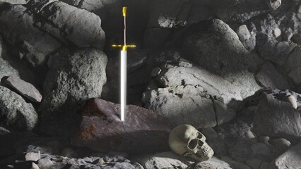 The hero's sword sticks out in a stone next to a human skull.