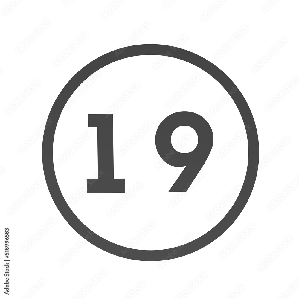 Poster gray number 19 in a circle on a white background. numbers and numbers. numbering. rendering an image
