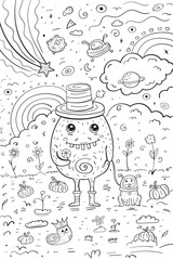 A cute monster with candy walks the dog. Doodle coloring book with space landscape