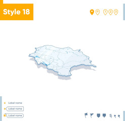 Himachal Pradesh, India - 3d map on white background with water and roads. Vector map with shadow.