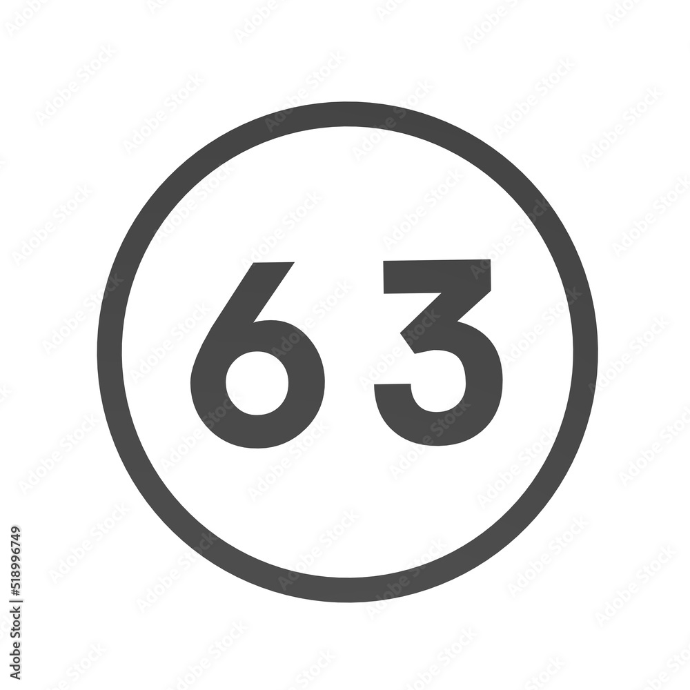 Poster gray number 63 in a circle on a white background. numbers and numbers. numbering. rendering an image