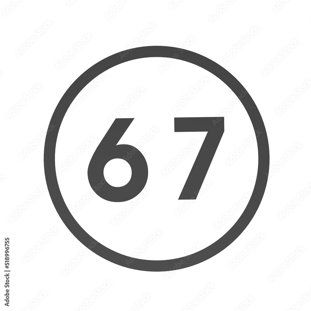 Poster gray number 67 in a circle on a white background. numbers and numbers. numbering. rendering an image