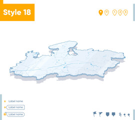 Madhya Pradesh, India - 3d map on white background with water and roads. Vector map with shadow.
