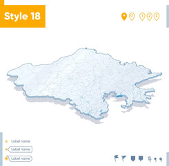 Rajasthan, India - 3d map on white background with water and roads. Vector map with shadow.