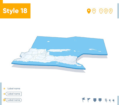 East Java, Indonesia - 3d map on white background with water and roads. Vector map with shadow.