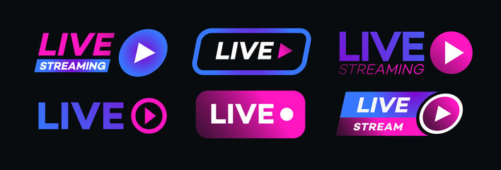 Live streaming icon set neon style isolated on transparent background. Symbol for social media. LIVE button for logo, sign, ui, app development, TV broadcasting. Vector 10 eps