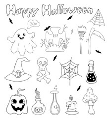 Doodle set Happy Halloween. Jack pumpkin, ghost, skull and crossbones, grave and cobweb, fly agaric, witch hat and witches potion. Vector isolated outline elements for decor, design, decoration.