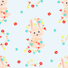 2023 Year of the Rabbit. Seamless pattern with symbol of year cute bunny character with garland on light background with Christmas balls. vector illustration. Chinese new year 2023 Zodiac sign Rabbit.