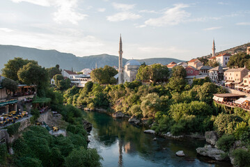 View  on Nerteva River and Old City of Mostar with Ottoman Mosque; Mostar in Bosnia and...