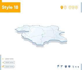 Kurdistan, Iran - 3d map on white background with water and roads. Vector map with shadow.